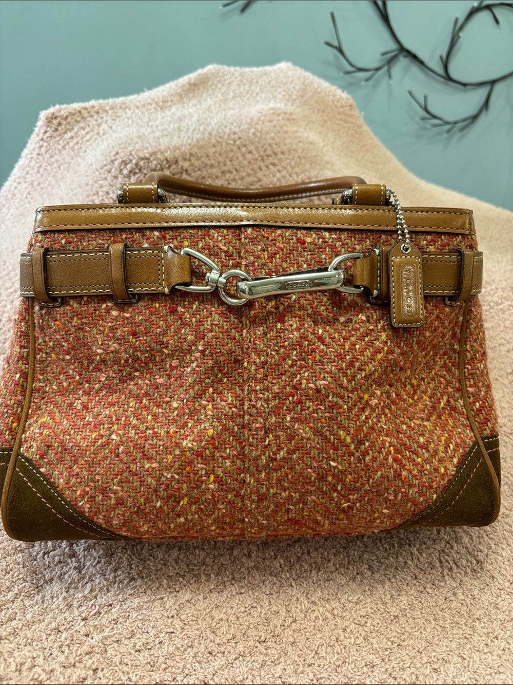 Coach Woven Tweed Top-Handle Satchel in Rust and Tan